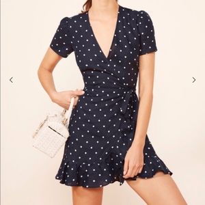Reformation Sally Wrap dress navy with dots